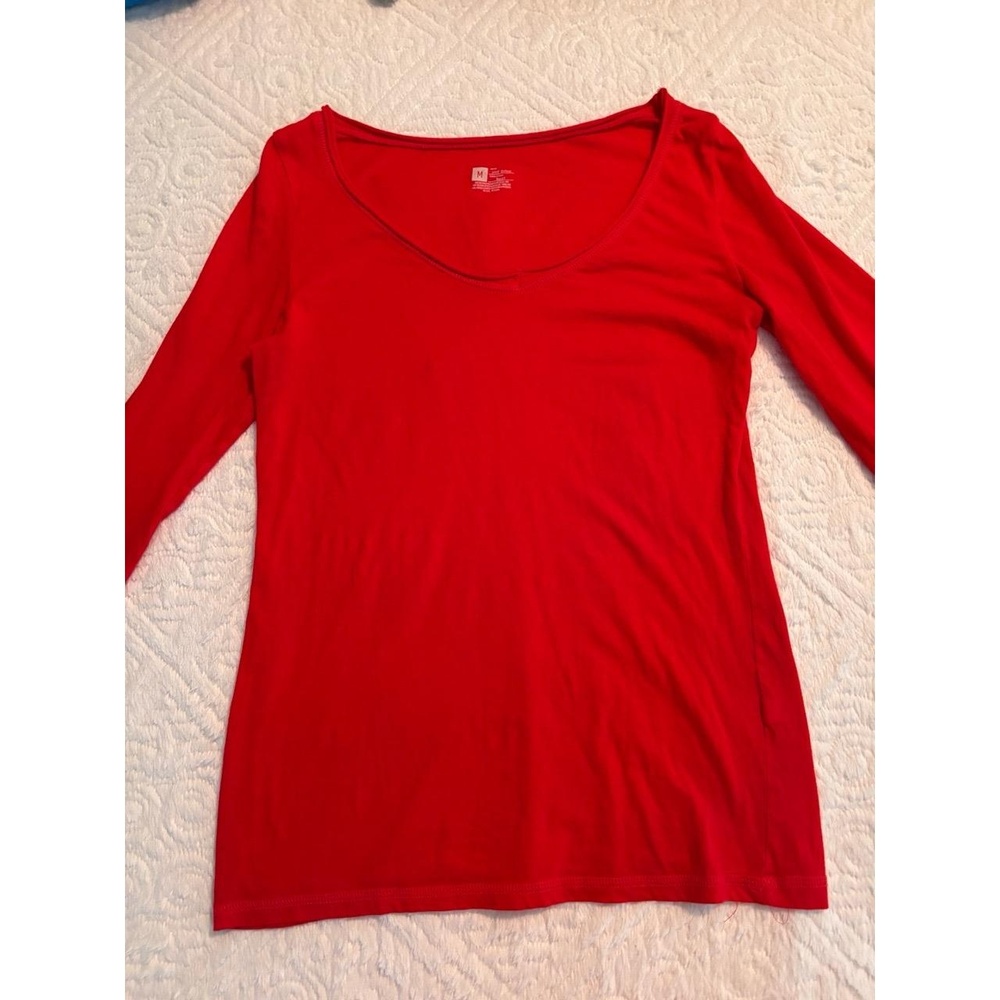Womens Red Long Sleeve Scoop Neck T-Shirt M Cotton Knit Basic